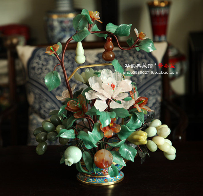 北京传统手工艺景泰蓝玉石盆景花果篮玉石纯手工打磨中式