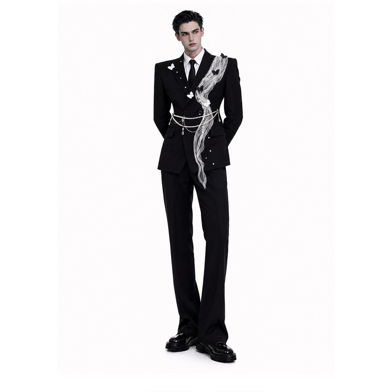 Hesu He Xu's "Song of Birds and Dance of Butterflies" Wide-Shouldered, Narrow-Waisted Suit Jacket with a Structured, Raised Shoulder Design and Waist-Cinching Fit for Men