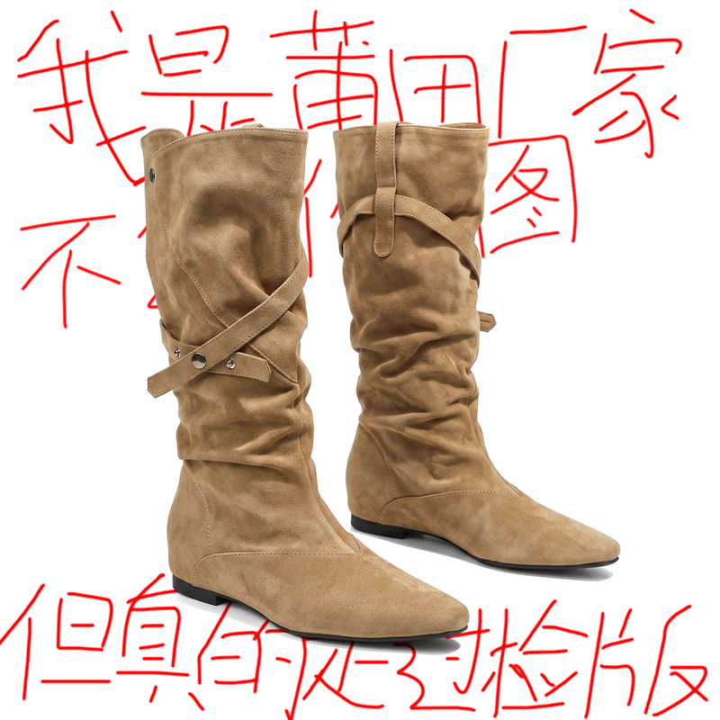4cm Height Increase, Two-Way Wear, Korean Style Pointed Toe Buckle Strap, Pleated Mid-Calf Slouch Boots, Denim Long Boots, Western Boots, New Autumn Model