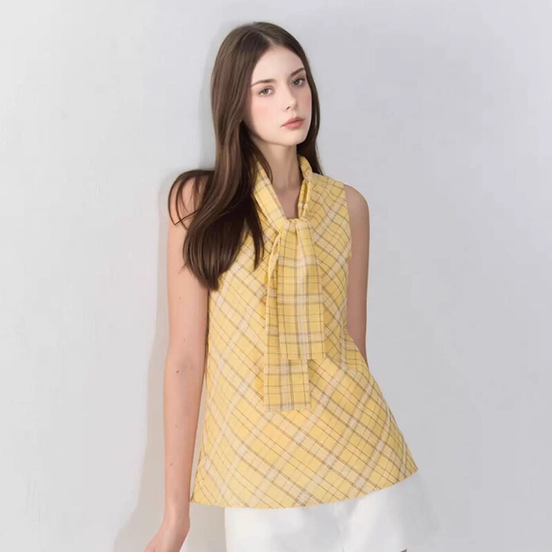 Afff Yellow Plaid Textured Sleeveless Shirt for Women, Summer Vacation Style, Tie-Up A-Line Slim-Fit Top Tank Top
