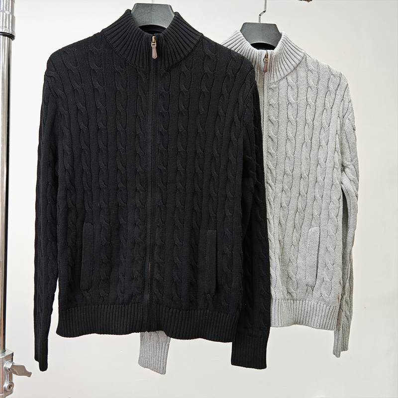 Huni Design Little Horse Embroidery Old Money Style Cable Knit Zipper Cardigan Autumn Cable Sweater Jacket for Men