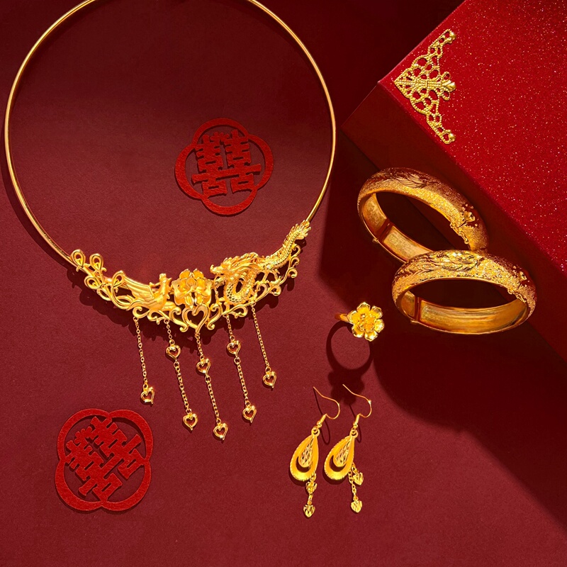 New Gold-Plated Dragon and Phoenix Auspicious Necklace Photo Props, Dragon and Phoenix Bracelet Pair Set, Simulated Wedding Three-Gold Jewelry
