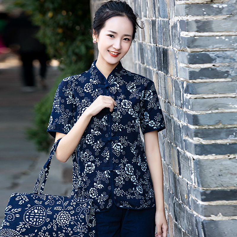 Wuzhen Blue Print Short Sleeve Jacket Ethnic Style Dining Room Work Dress Chinese Double-breasted Shirt Plus Size