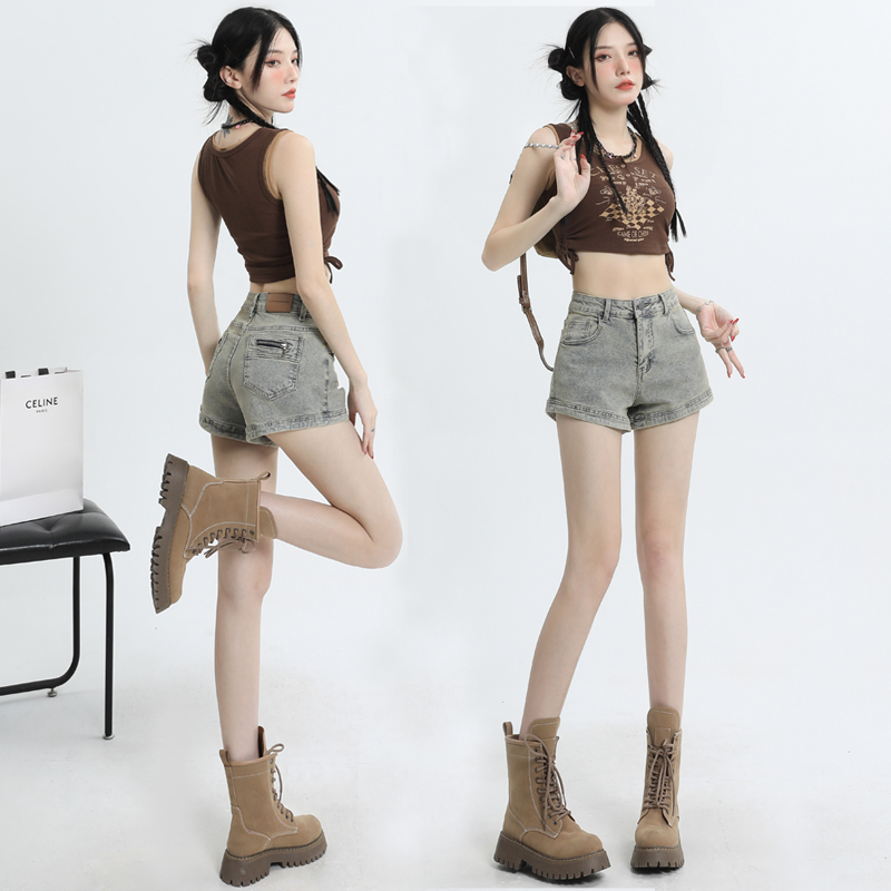 American Retro Denim Shorts for Women, Summer Thin High-Waisted Tight Elastic A-Line Ultra-Short Hot Pants