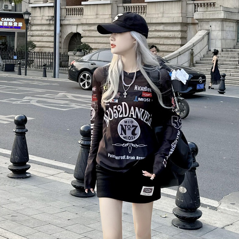 Long-Sleeved Thin Mesh T-Shirt for Women, Base Layer Shirt, American-Style Printed Sun Protection Cover-Up Top, 2026 New Summer Fashion