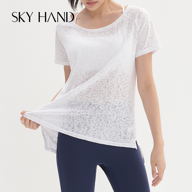 SKYHAND yoga hood short sleeve T-shirt female speed dry thin section Running loose Breathable Fitness Sports Blouse Autumn