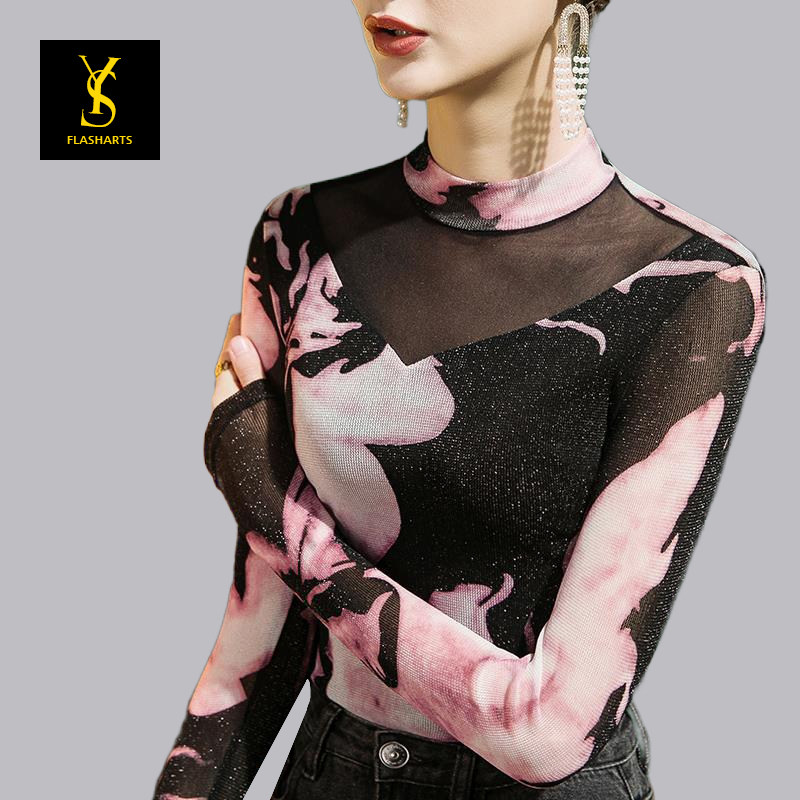 Flashy Latin dance floral clothes dance coat with new autumn mesh yarn Long sleeves Semi-high collar national standard Morden Dance Dance Practice-Taobao