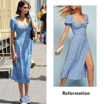Reformation Kim Ji Soo same style French puff sleeve blue floral slit midi dress