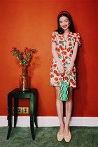 Rouje 21ss Zhong Chuxi same retro cherry print V-neck waist shirt dress