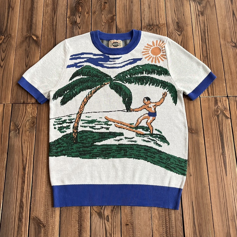 1950S American Resort Style Round Neck Knitted Short-Sleeved T-Shirt American Retro Jacquard Amekaji Unisex Style