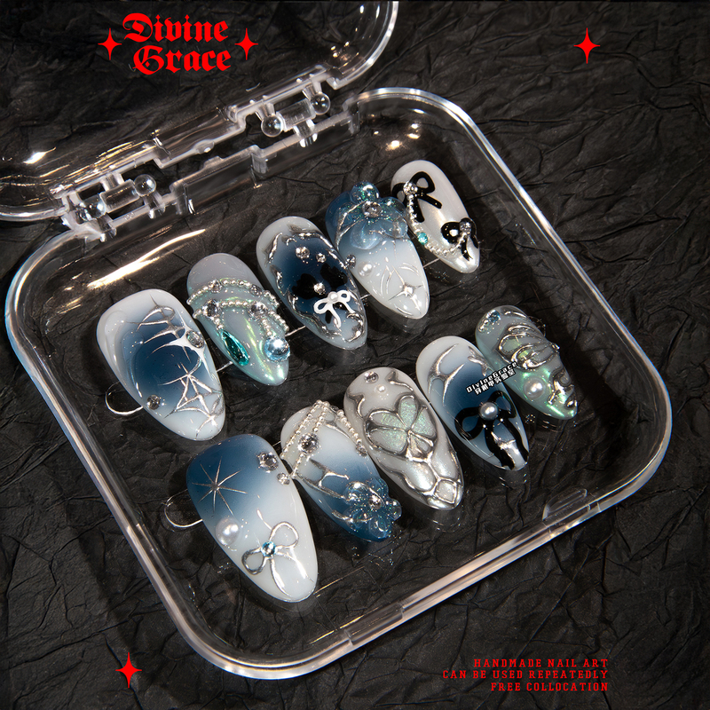 【Dg】Hot Girl Style Blue Gemstone Manicure Magic Mirror Powder Press-On Nails/High-Quality Handmade Press-On Nails