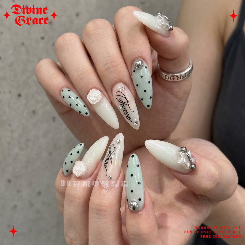 【Mint White Rose】Milky Glass Korean Style Polka Dot Summer Nail Art/High-End Handmade Stunning Wearable Nails