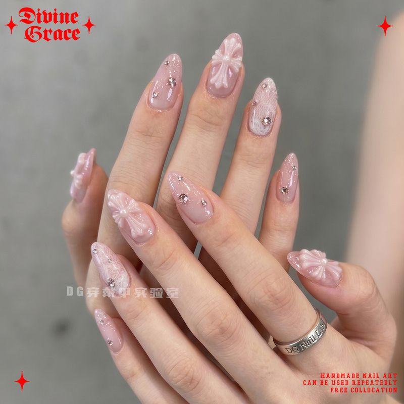 【Hot Girl Nail Art】Pink Translucent Fine Glitter Rhinestone Embossed Cross Summer Nail Art High-End Handmade Wearable Nails 【Hot Girl Nail Art】Pink Translucent Fine Glitter Rhinestone Embossed Cross Summer Nail Art High-End Handmade Wearable Nails