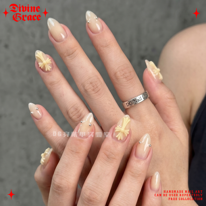 【Spicy Girl Nail Art】Milky Glass Embossed Cream Yellow Cross Design Nail Art with a High-End Feel, Purely Handmade Wearable Nails
