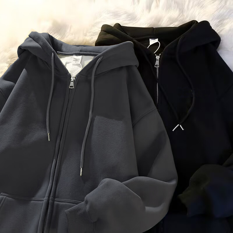 American-Style Heavyweight Solid Color Sweatshirt Jacket for Women, Autumn and Winter Fleece-Lined Thick Hooded Zip-Up Top, New Trendy Hot Item