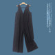 ຍີ່ປຸ່ນດ່ຽວ suspender jumpsuit summer ການຄ້າຕ່າງປະເທດໃຫມ່ຂອງແມ່ຍິງ V-neck backless ສີແຂງ stretch straight wide-leg pants 29625