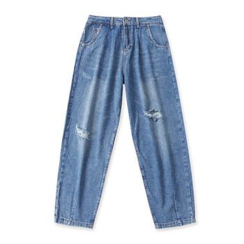 Denim dad pants ດູໃບໄມ້ລົ່ນການຄ້າຕ່າງປະເທດແມ່ຍິງຄົນອັບເດດ: ວ່າງສູງ zipper ປຸ່ມ ripped pants harem 32506