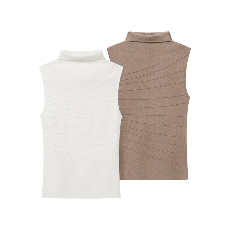 Calm Pause Loose-Fitting Turtleneck Vest with 3D Striped Embroidery, Wool Blend, Breathable Jacquard Short Sleeves Calm Pause Loose-Fitting Turtleneck Vest with 3D Striped Embroidery, Wool Blend, Breathable Jacquard Short Sleeves