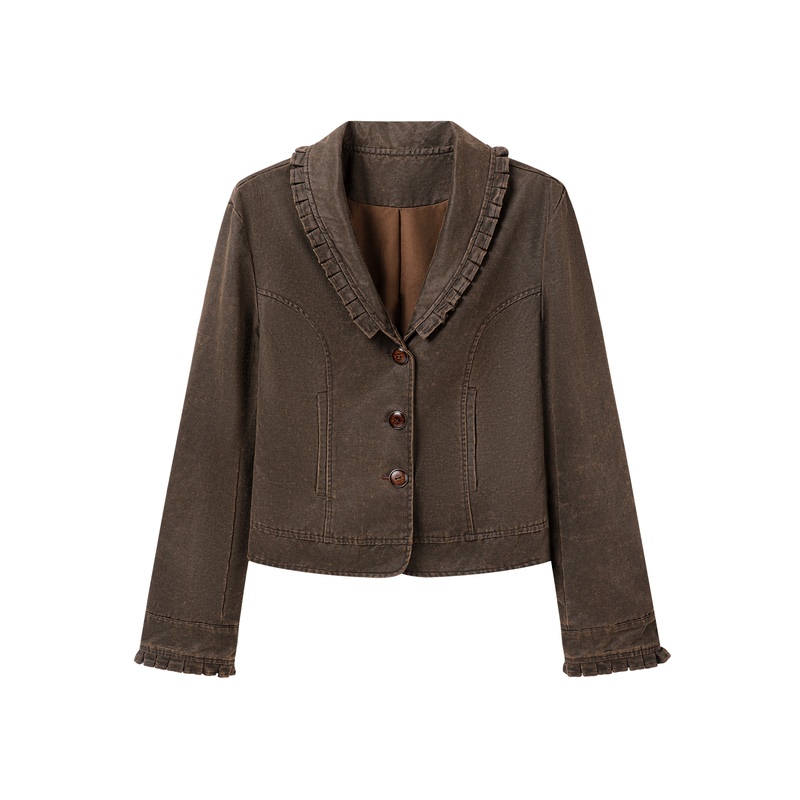 Calm Pause Washed Lace Jacket with Ruffled Edges, Patchwork Waist-Cinching, Regular Shoulder Short Coat, Brushed Autumn Top