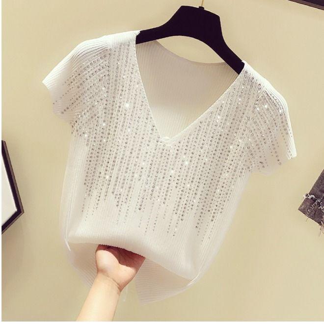 (Manufacturer) nóng kim cương băng đan áo len nữ mỏng cổ chữ V T-shirt 2019 mùa hè sexy mới ngắn tay hàng đầu