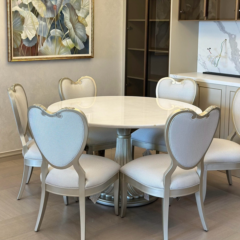 Meike Fanglan Ding Carved Heart-Shaped Dining Chair, French-Style Light Luxury Marble Round Dining Table, High-End Dining Table and Chairs for Villa, American Style