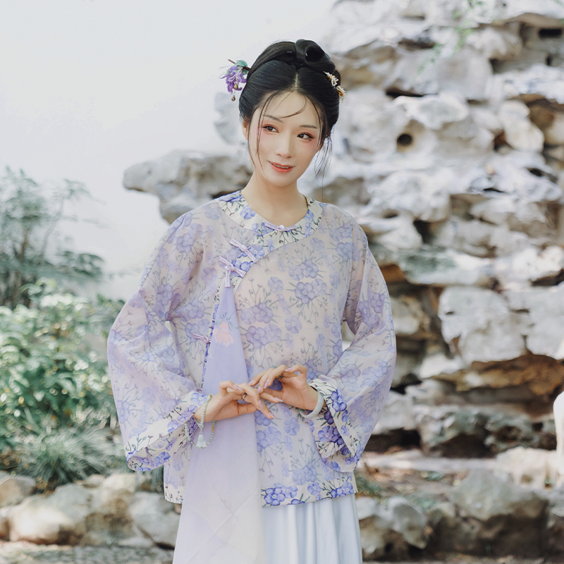 Poetic flower original design Chinese style retro three-dimensional texture practice purple classical body rhyme clothes Wang Shiyi same style