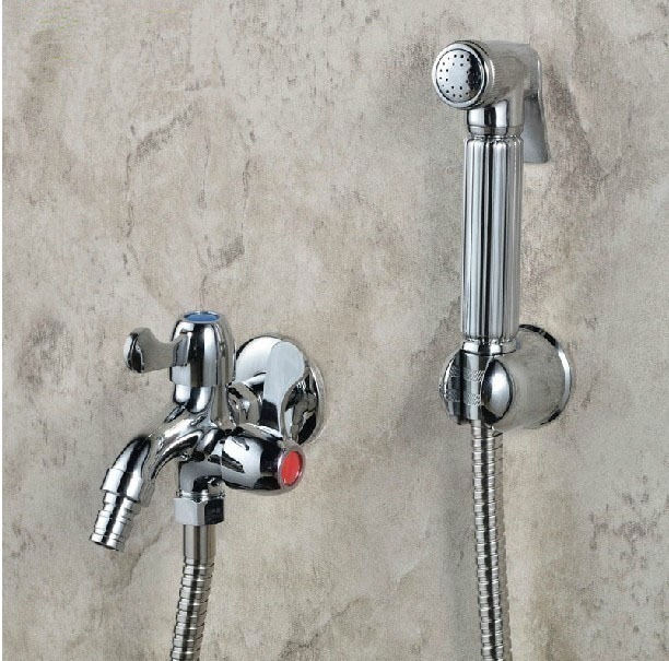 Balcony faucet single cold double head full copper spray gun faucet dressing room washing machine faucet dual-use hose base