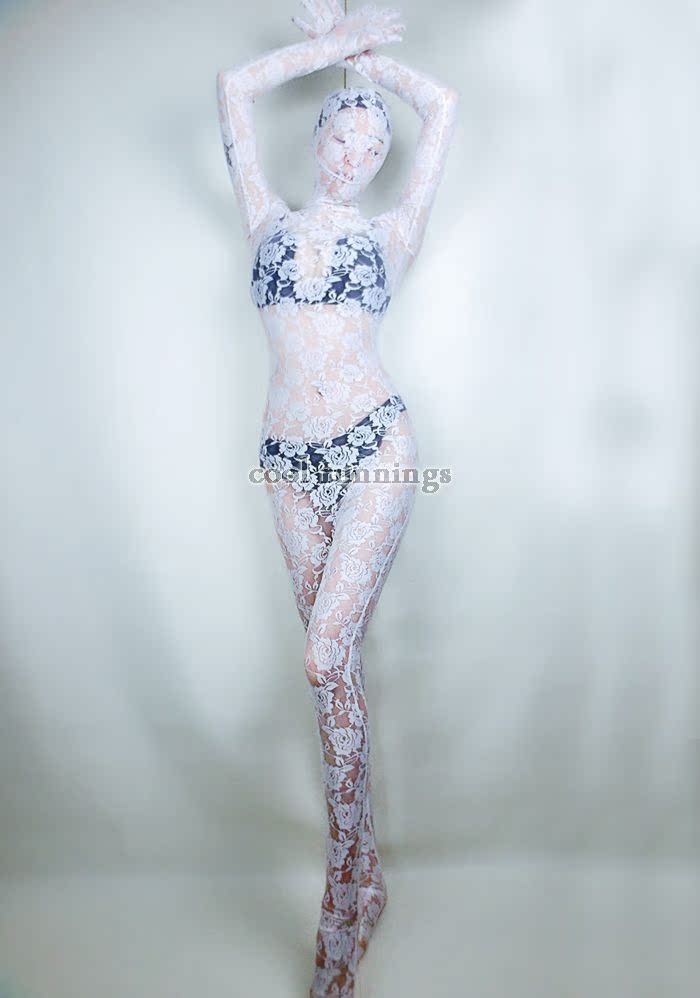 Adult Size Unisex Sexy White Lace Zentai Catsuit Costume Uni