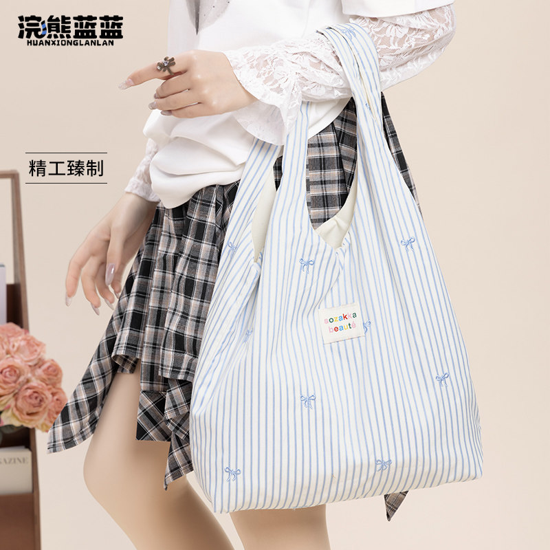 Raccoon Blue Blue Korean Style Fresh Striped Bow Tote Bag For Women 2026 Spring New Large Capacity Shoulder Bag - Thumbnail 2