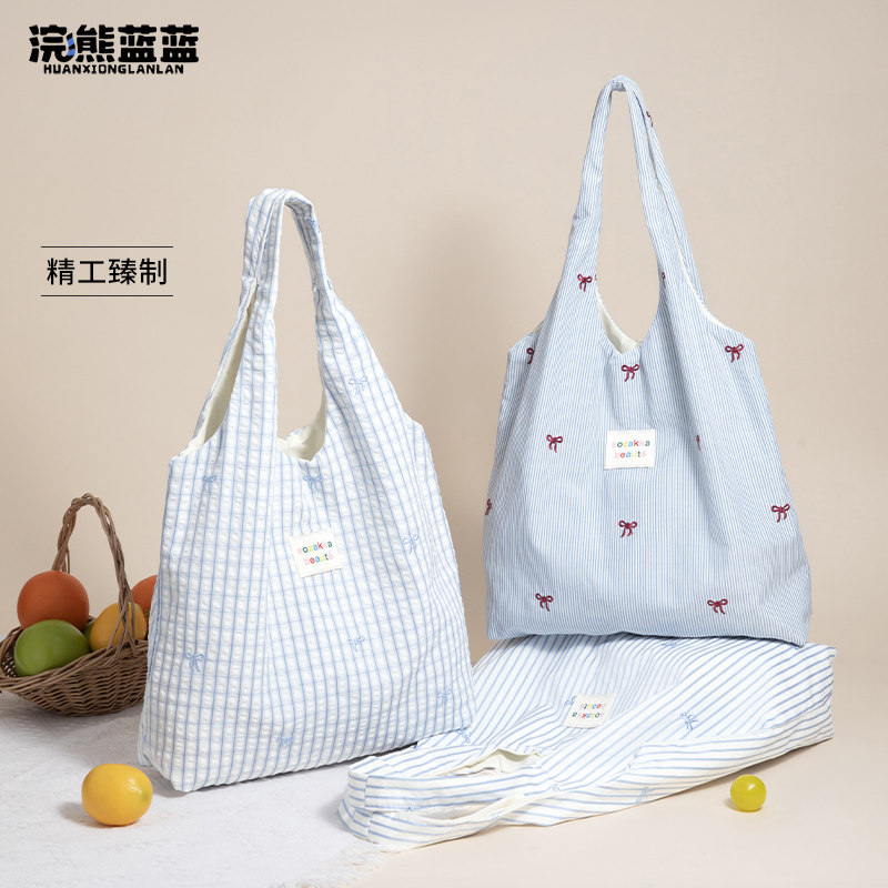 Raccoon Blue Blue Korean Style Fresh Striped Bow Tote Bag For Women 2026 Spring New Large Capacity Shoulder Bag