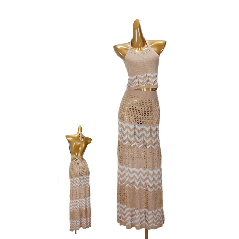 Fashionable Resort-Style Suit Knitted Camisole Dress for Women, Summer High-Waisted Slimming Hip-Hugging Long Skirt Two-Piece Set