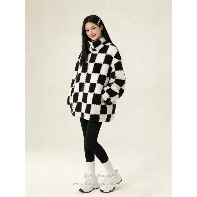 Encounter Kenting: Retro Checkered Lamb Wool Coat for Women, Winter Loose Fit, Stand Collar, Short Style, Thickened and Warm Encounter Kenting: Retro Checkered Lamb Wool Coat for Women, Winter Loose Fit, Stand Collar, Short Style, Thickened and Warm
