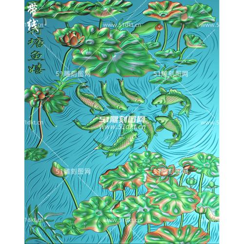 Y-279 Lotus pond fish playing nine carp lotus fish vertical screen hanging flat wood carving fine carving map relief map JDP grayscale map BMP