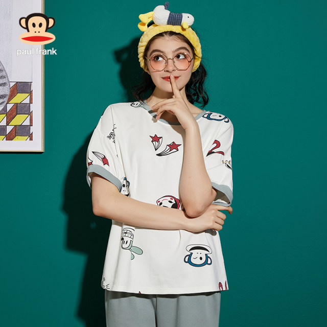 PaulFrank/Big Mouth Monkey summer women's pajamas home clothes short-sleeved loose pure cotton pure cotton section cute ບາງ