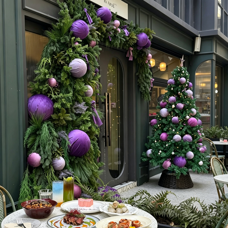 Purple Ball Christmas Door Decoration with Artificial Greenery and Bow, Restaurant and Store Photo Prop Kit for Social Media