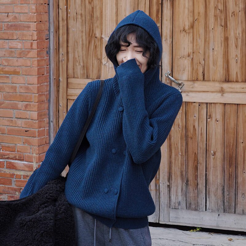 Alu Is Lu's Beautiful, Simple, and Elegant Korean-Style Trendy Warm Knitted Double-Breasted Hooded Wool Sweater Coat for Women