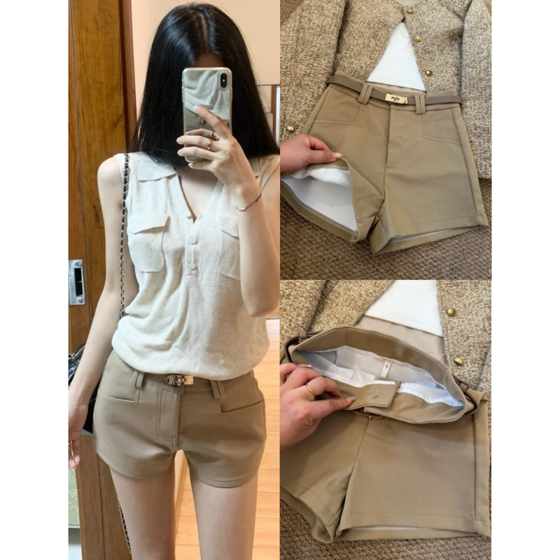 Khaki Suit Shorts for Women, Spring and Summer Thin Tight-Fitting Pants, American Style High-Waisted Slimming Hot Pants
