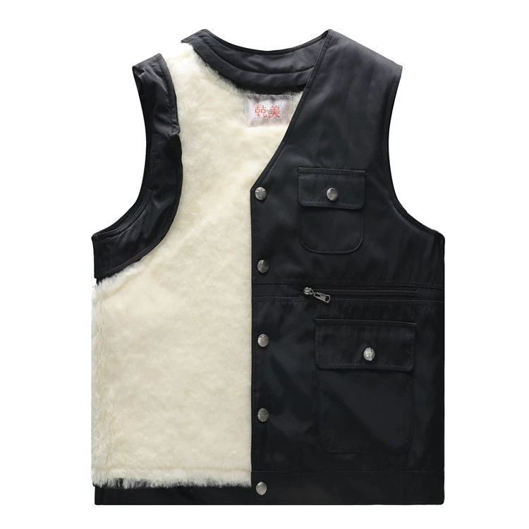 Áo len nam mùa thu và mùa đông lông cừu thật một tuổi trung niên ấm nhung áo vest cotton dày vai