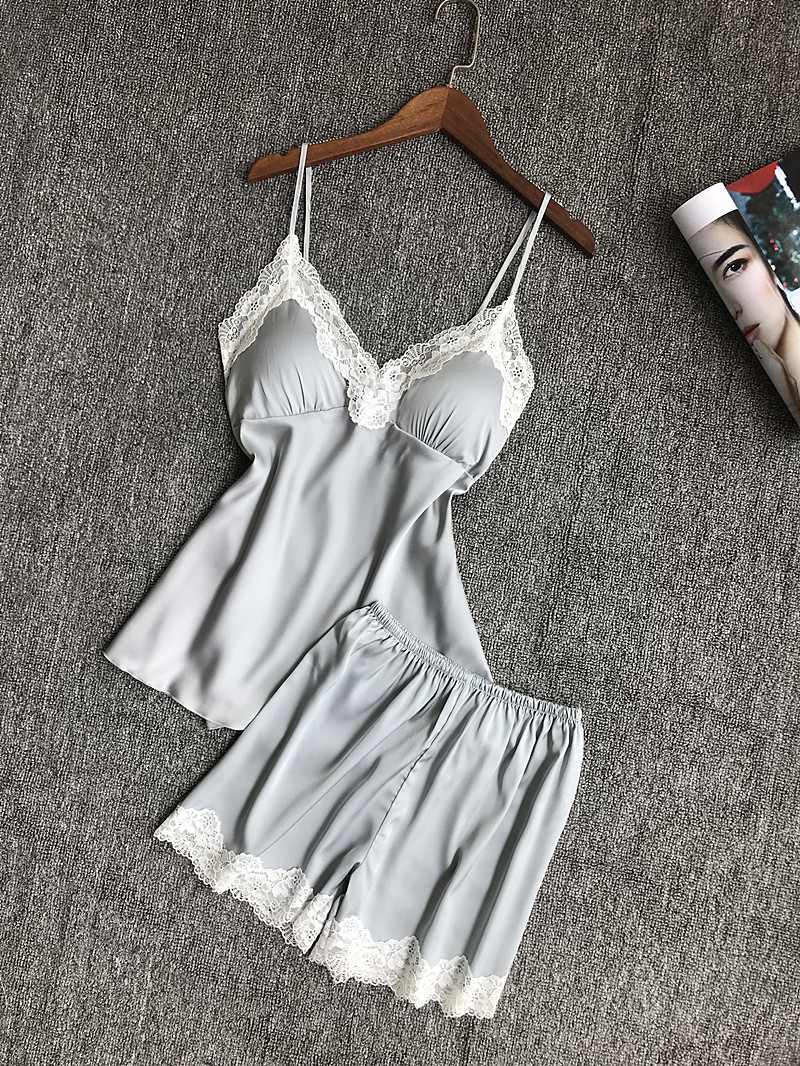 Bộ đồ ngủ gợi cảm phù hợp với phụ nữ thu thập ngực nhỏ mùa hè lụa băng dành cho người lớn nóng bỏng với áo ngực dây đeo quần pyjama hai mảnh đồ bộ kiểu đẹp 2021