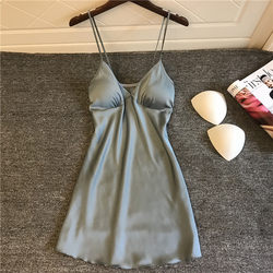 Suspender sexy pajamas for women summer thin small breasts gathered sexy pajamas nightgown spring and autumn ice silk short skirt with chest pad