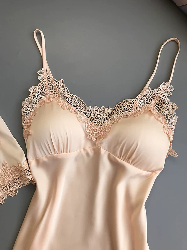 Sexy thêu cám dỗ đồ ngủ nữ mùa hè dây đeo nightdress áo choàng hai mảnh phù hợp với với ngực pad băng lụa dịch vụ nhà mùa đông đồ bộ pijama