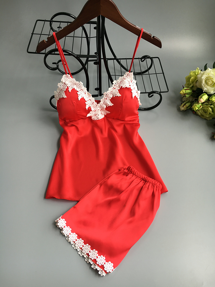 Đồ ngủ của phụ nữ mùa hè Sexy Halter đồ ngủ hai mảnh Set với ngực pad băng lụa mỏng đồ ngủ lụa bộ