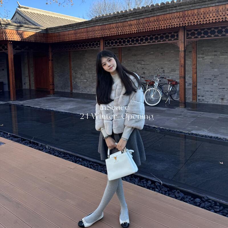 Inseacc'New Year Bunny' Elegant Lady Fur Coat Rex Rabbit Coat Gray Milk Tea Pink