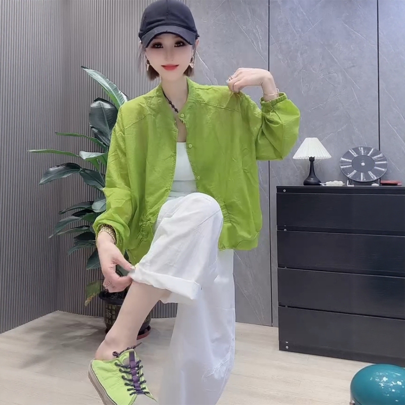 Korean Casual Style Green Round-Neck Cardigan for Women, Long-Sleeved, Loose, Slimming, Versatile, Thin Sun-Protective Jacket for Petite Figures Korean Casual Style Green Round-Neck Cardigan for Women, Long-Sleeved, Loose, Slimming, Versatile, Thin Sun-Protective Jacket for Petite Figures