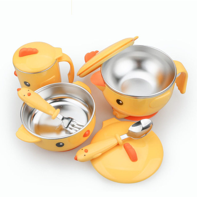 South Korea 304 stainless steel children's tableware water injection insulation bowl baby cup baby sucker bowl spoon fork non-staple food bowl