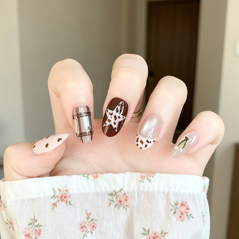 Ins-Style French Hand-Painted Leopard Print Cat-Eye Pure Handmade Wearable Nails Short Style Brightening High-End Nail Art Stickers Fake Nails