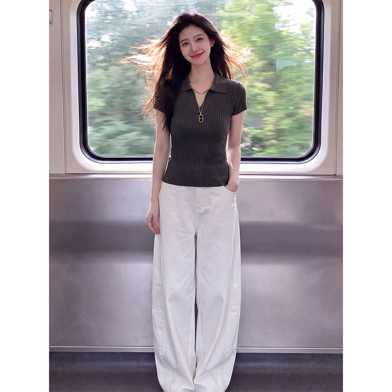 Summer New High-End Stylish Set for Women: Lapel Knit Short-Sleeve T-Shirt and Slimming Wide-Leg Casual Pants Two-Piece Set