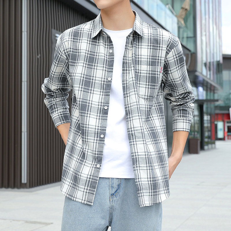 Plaid Shirt Men's Long-Sleeved Youth Spring and Autumn Casual Loose Korean Style Shirt Student Handsome Versatile Jacket Cotton