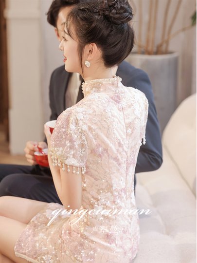 Новое платье-ципао 2025: роскошное, нишевое, высококлассное, изысканное, в новом китайском стиле, розовое, короткое, для помолвки, для женщин