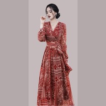 MICHAEL KNOWN 2024 Early spring new one-piece strap long skirt V collar snow-spinning printed dress woman